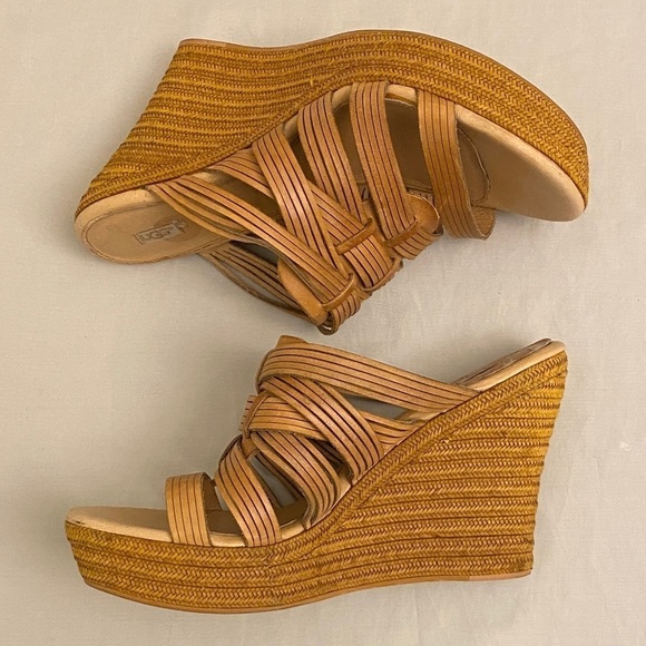 UGG Melinda Strappy Platform Sandals Slip On Wedges Tan Leather Size 11 - Picture 13 of 13